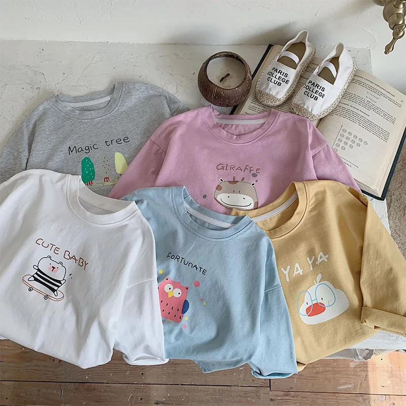 Children's Long Sleeve T-shirt Cartoon Printed Cotton Bottom Shirt Korean Boys Girls Round Neck Loose Pullover 2-7Years Old