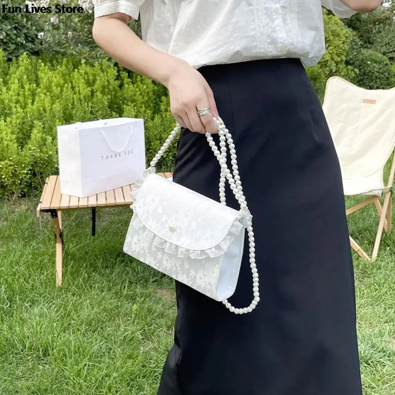 White Lace Shoulder Bag Elegant Women Pearl Strap Purse Wedding Party Fashion Cluthes Totes With Cover Ladies Handbags bolso