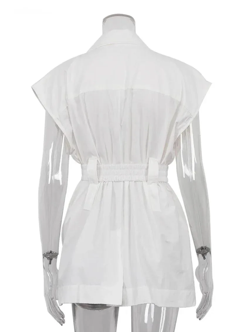 Camicia da donna in cotone bianco allentato alla moda Camicie eleganti senza maniche con risvolto Casual classico Solid Top Abbigliamento femminile MSY9