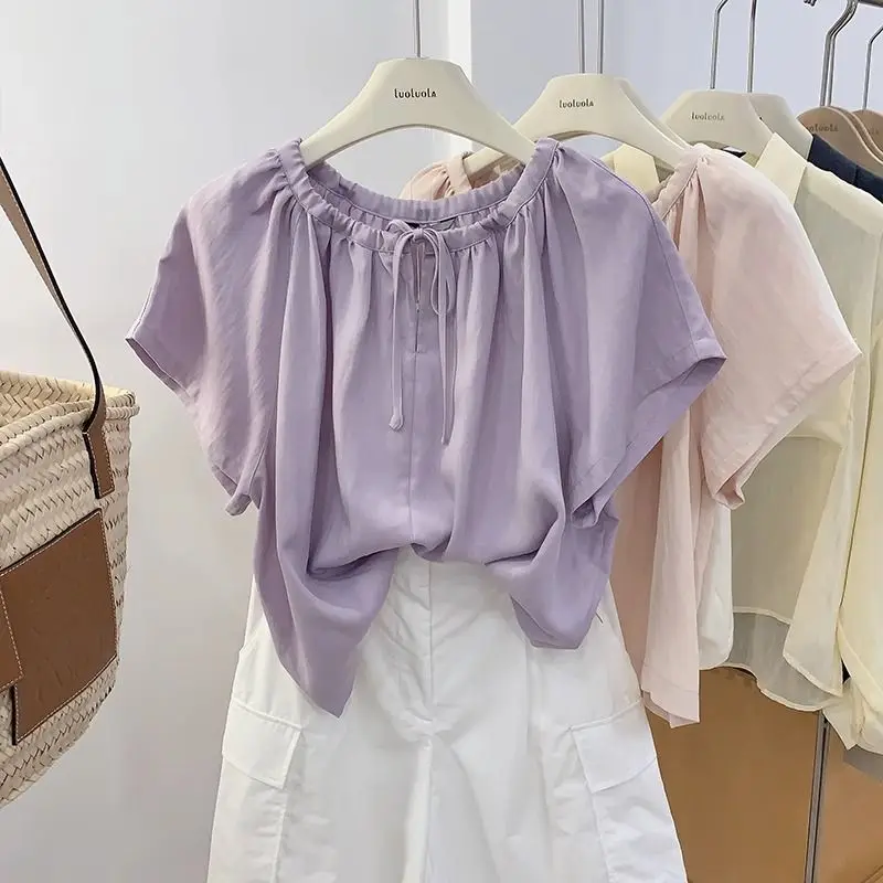 Tennis Rotary Sleeve Lace Doll Shirt for Women Summer New Round Neck Pullover Cute Loose Short Sleeve Shirt
