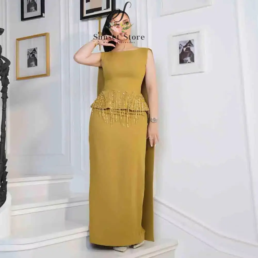 Customized Arabic Evening Dress With Cape Fringe Beaded Sheath Split Formal Gown Dubai Saudi Women Wedding Party Kaftan