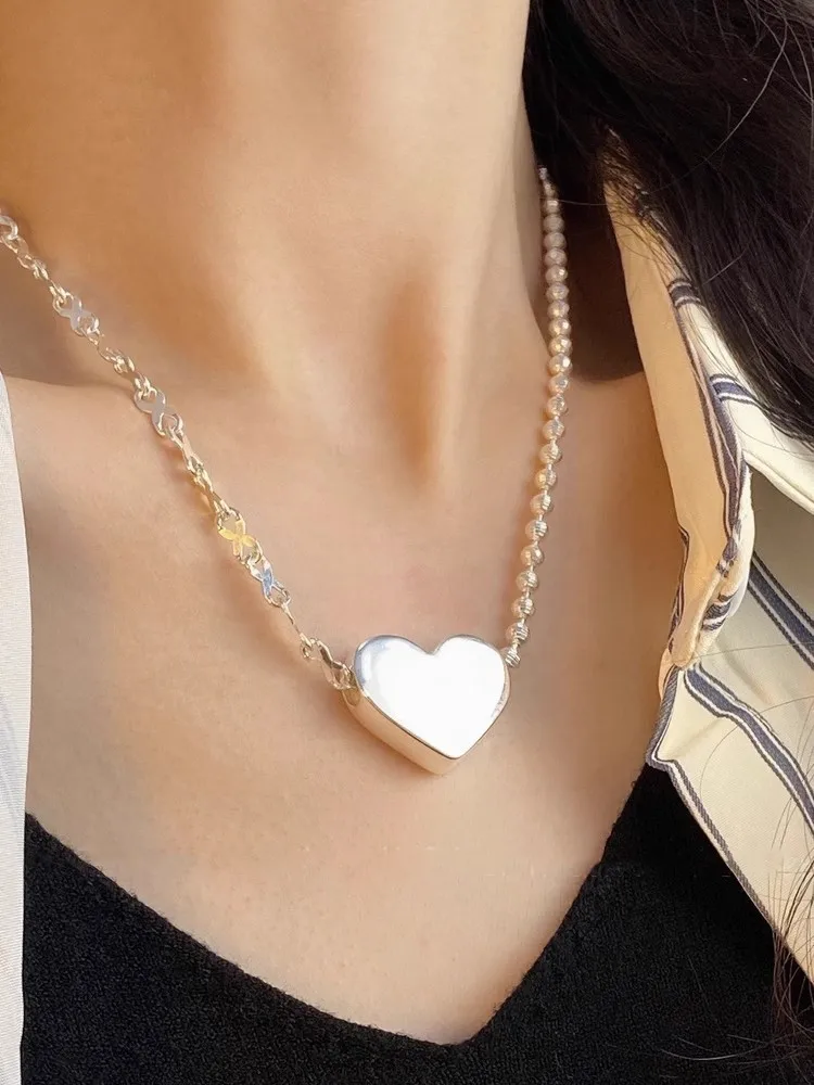 Fashion Ladies Heart Shaped Pendant 925 Sterling Silver Necklace Fine Jewelry Designer Asymmetric Short Necklace