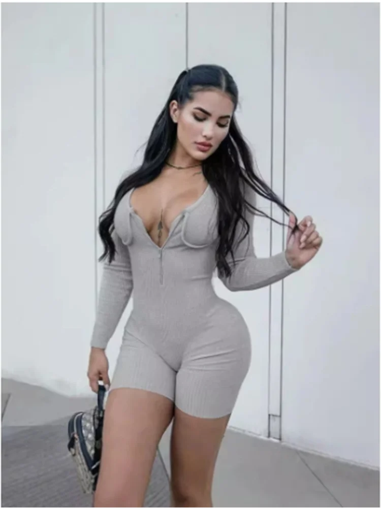 Women's Sexy Zipper Long Sleeve Short Pants Jumpsuits Female Tight Trendy Slim Fit Jumpsuit