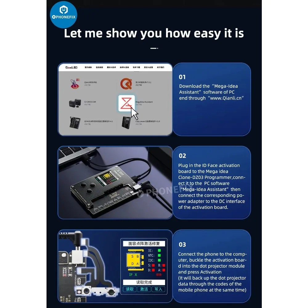 QIANLI Clone DZ03 Dot Matrix Programmer untuk IPhone X 11 12 13 14 Pro MAX Kabel Fleksibel Perbaikan ID Wajah Tanpa Penghapusan Tanpa Penyolderan