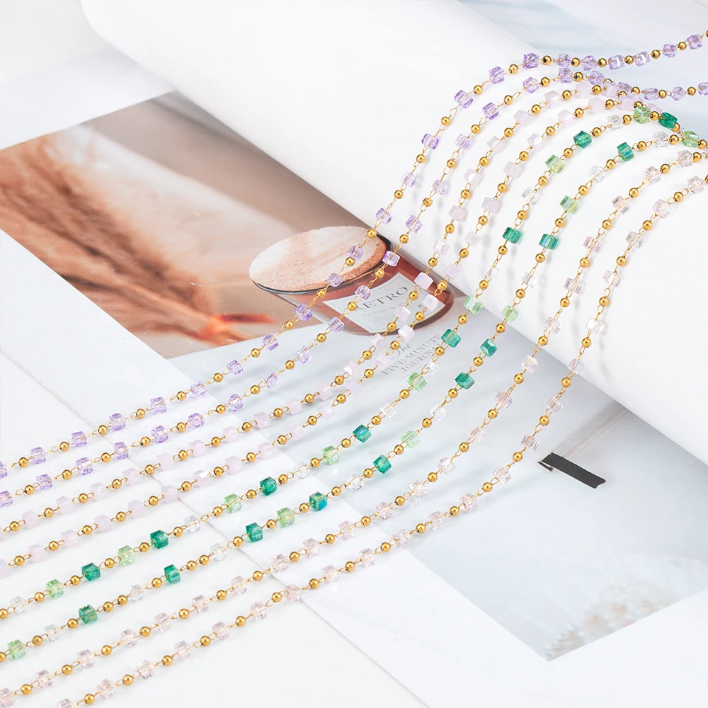 1Meter Stainless Steel Chain Boho Colorful Cube Square Crystal Beads Chain for DIY Necklaces Bracelets Holiday Jewelry Making