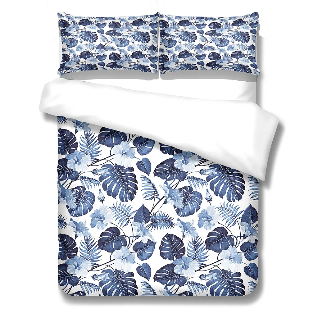 HUANZHUANG 3Pcs Bedding Sets 3D Digital Printing Custom Blue Tropical Plant Leaves Quilt Duvet Cover Set Home Queen King Quilt P