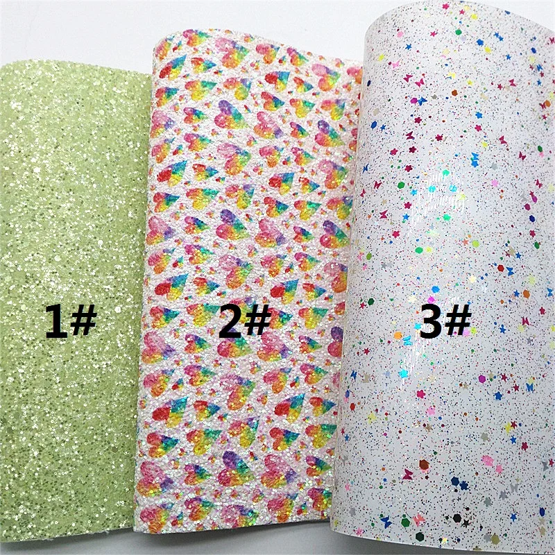 Rainbow Hearts Custom Glitter Leathersheets Dot Printed Faux Leather TPU Leather with Butterflies for DIY Craft 8.2