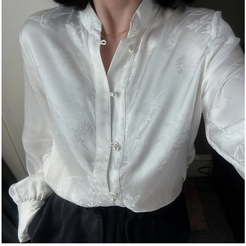 QWEconvex-Chemise blanche à manches longues de style chinois vintage, chemisier de bureau de style coréen, luxe minimaliste, monochromatique, vêtements d'automne