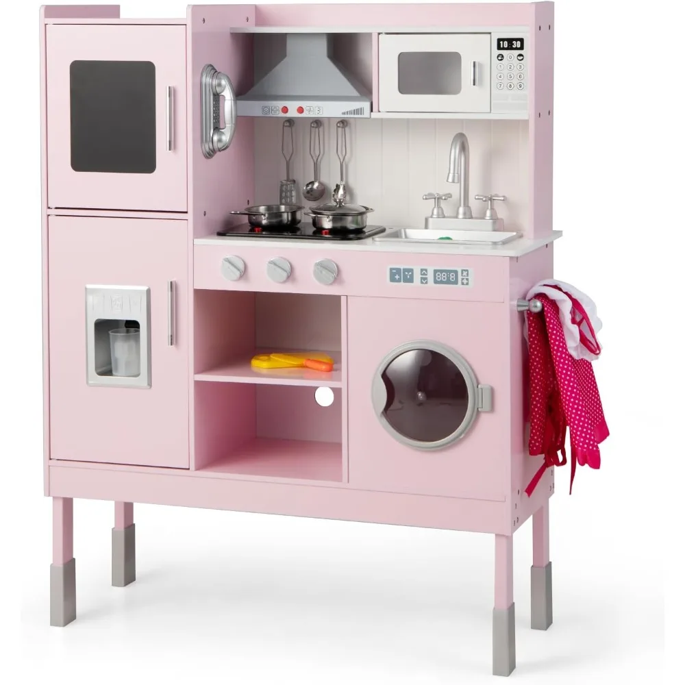 Pink Play Kitchen, Wooden Toddler Kitchen Toy Set with Range Hood, Stove, Microwave, Ice Maker, Pretend Telephone, 16 PCS