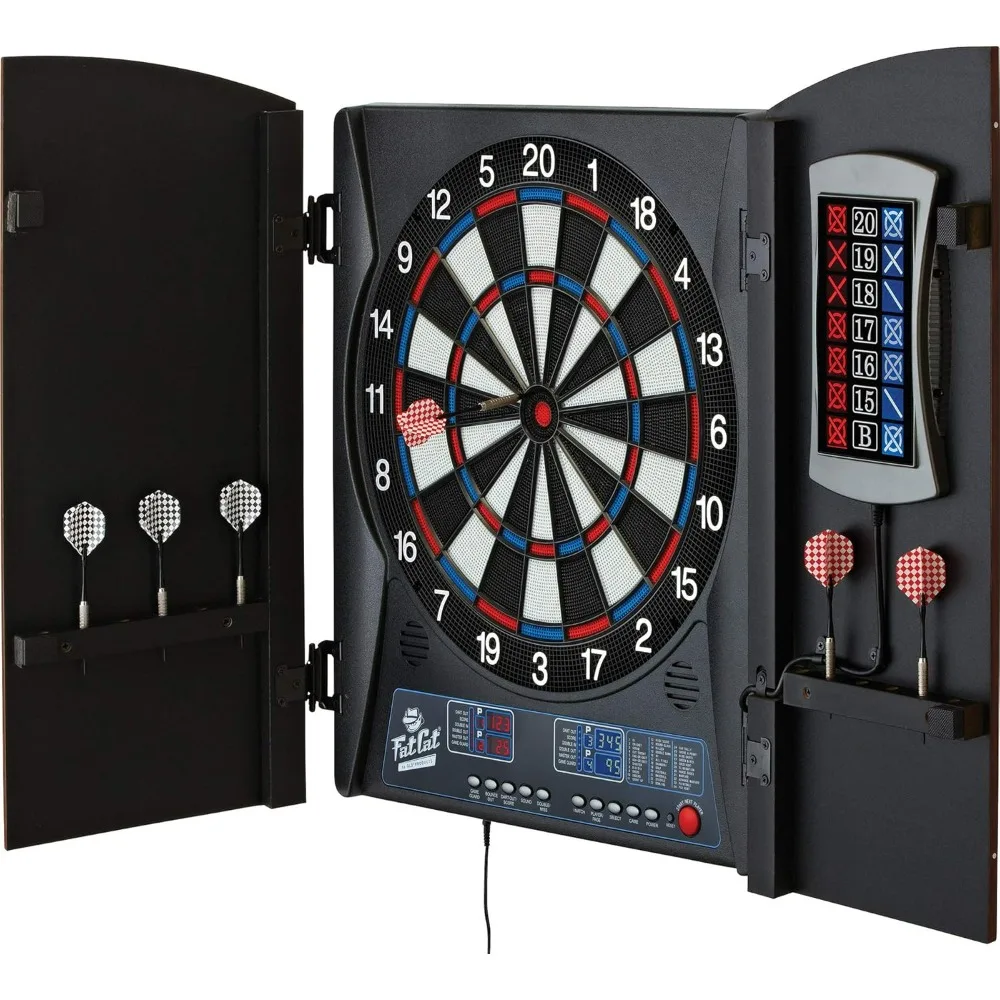 

Mercury Electronic Dartboard, Built In Cabinet Doors With Integrated Scoreboard, Dart Storage For 6 Darts, Dual Display