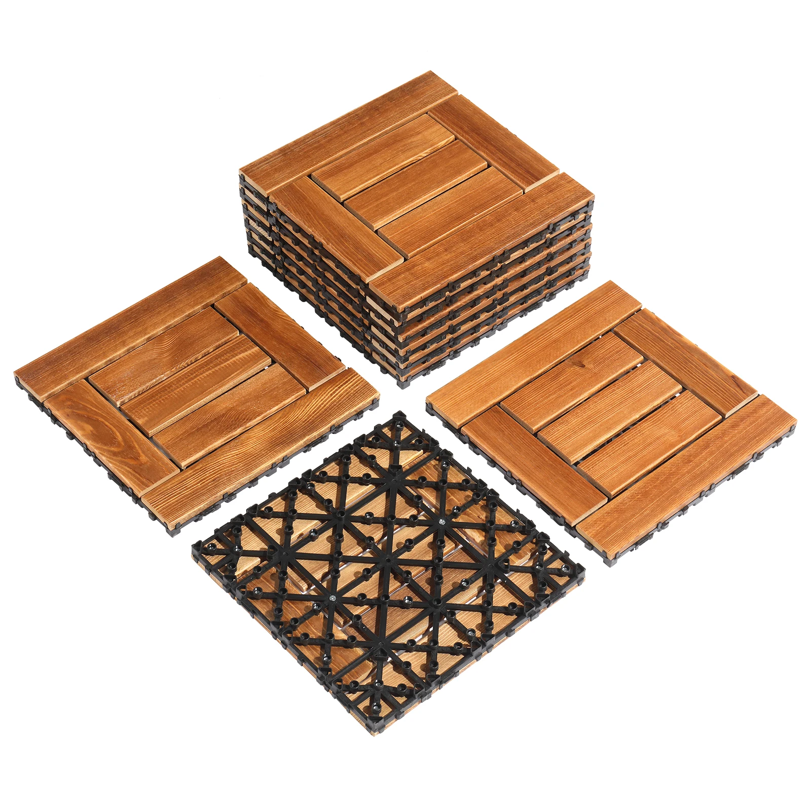 

9pcs Wood Interlocking Deck Tiles 11.8"x11.8", Patio Wood Flooring for Patio Porch Poolside Balcony Backyard, Checked Pattern