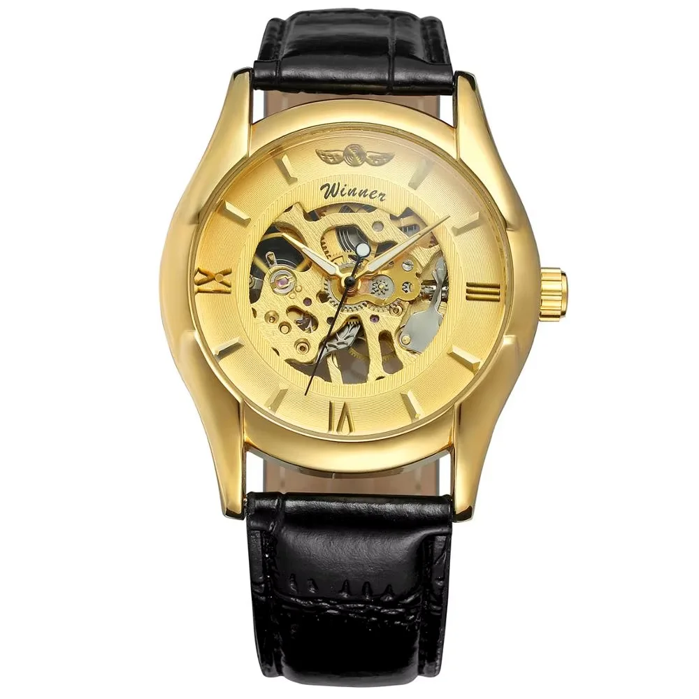 WINNER WATCH Trendy fashion casual men's watch hollow design gold dial and case black leather strap automatic mechanical watch
