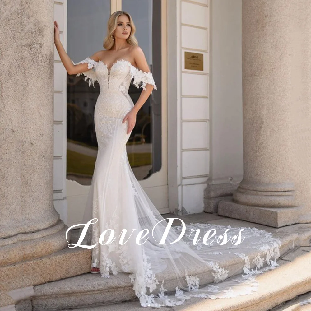 Liefde lieverd zeemeermin trouwjurk off-shoulder kanten applicaties moderne bruidjurk rugloze trein Robe de mariée op maat