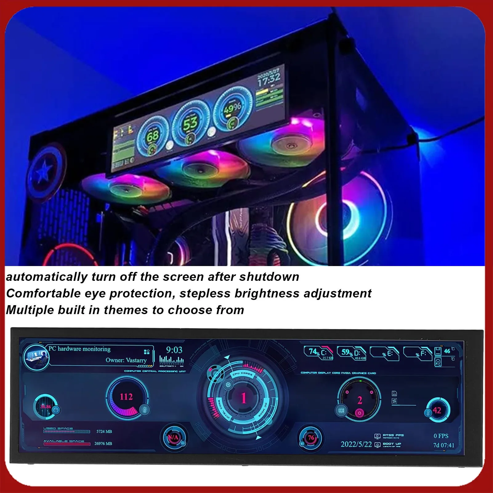 الهيكل الفرعي عرض درجة الحرارة عرض 8.8 بوصة عرض 360 درجة دوران 1920x480 60 هرتز وحدة المعالجة المركزية GPU SSD البيانات للكمبيوتر