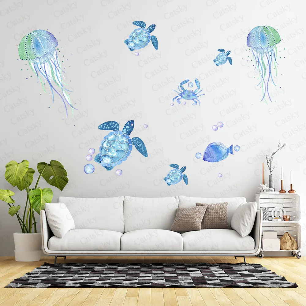 Animal Turtle Underwater World Wallpaper,Cute Children's Room Decorative Wallpaper,Family Watercolor Peel and Stick Sticker Gift