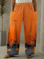 2024 New Women's Large Size Casual Pants Halloween Cat Printed High Waist With Pockets Wide Leg Pants Home Casual Trousers