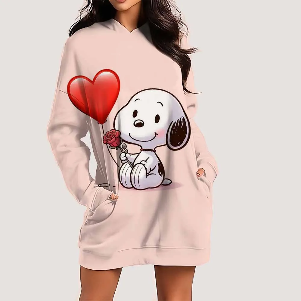 スヌーピープリントレディースドレスファッション膝丈フード付きフロックOネックラインスポーツ秋デイリーカジュアルスカート ﻿