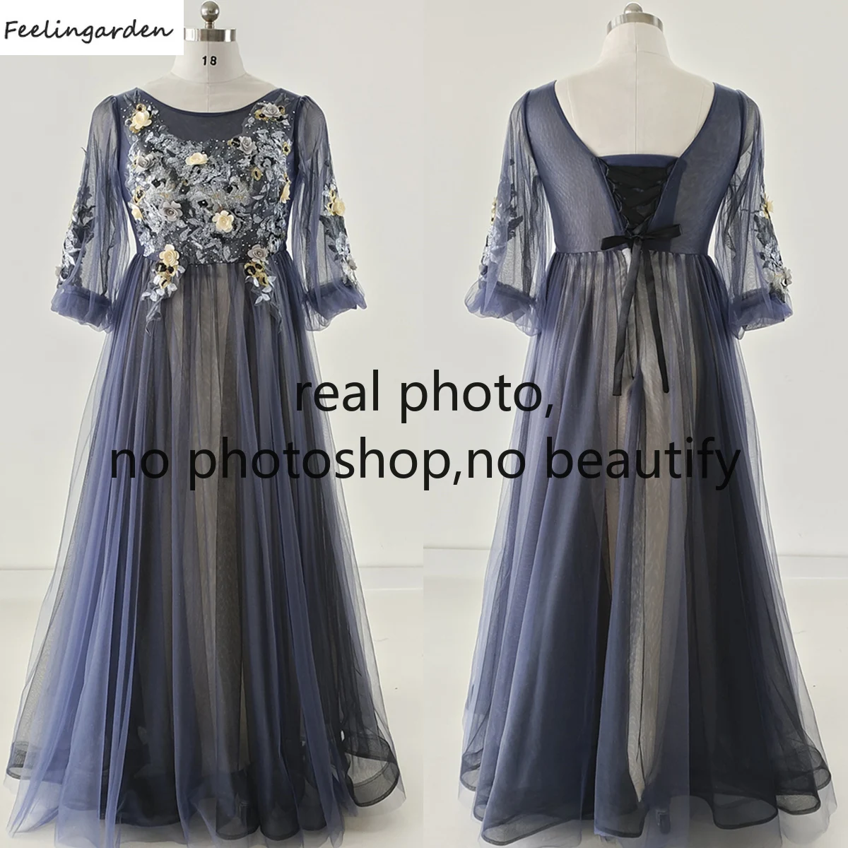 Feelingarden Evening Dress Plus size Real Photo Navy Blue Floral Lantern Sleeves O-neck Lace up A-line Floor length Formal Gown