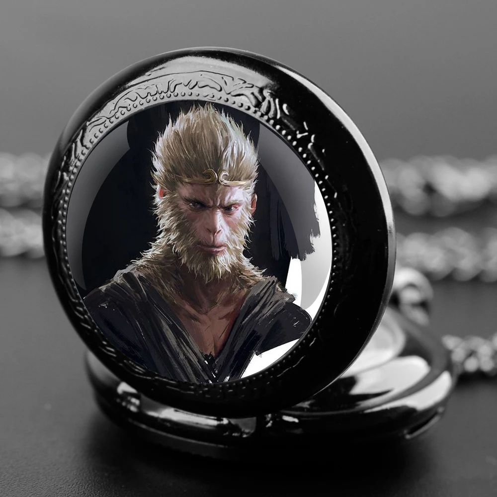 Zwarte Mythe: Wukong Game Glass Dome Vintage Arabische Cijfers Quartz Zakhorloge Ketting Hanger Klok Ketting Heren Jongens Cadeau