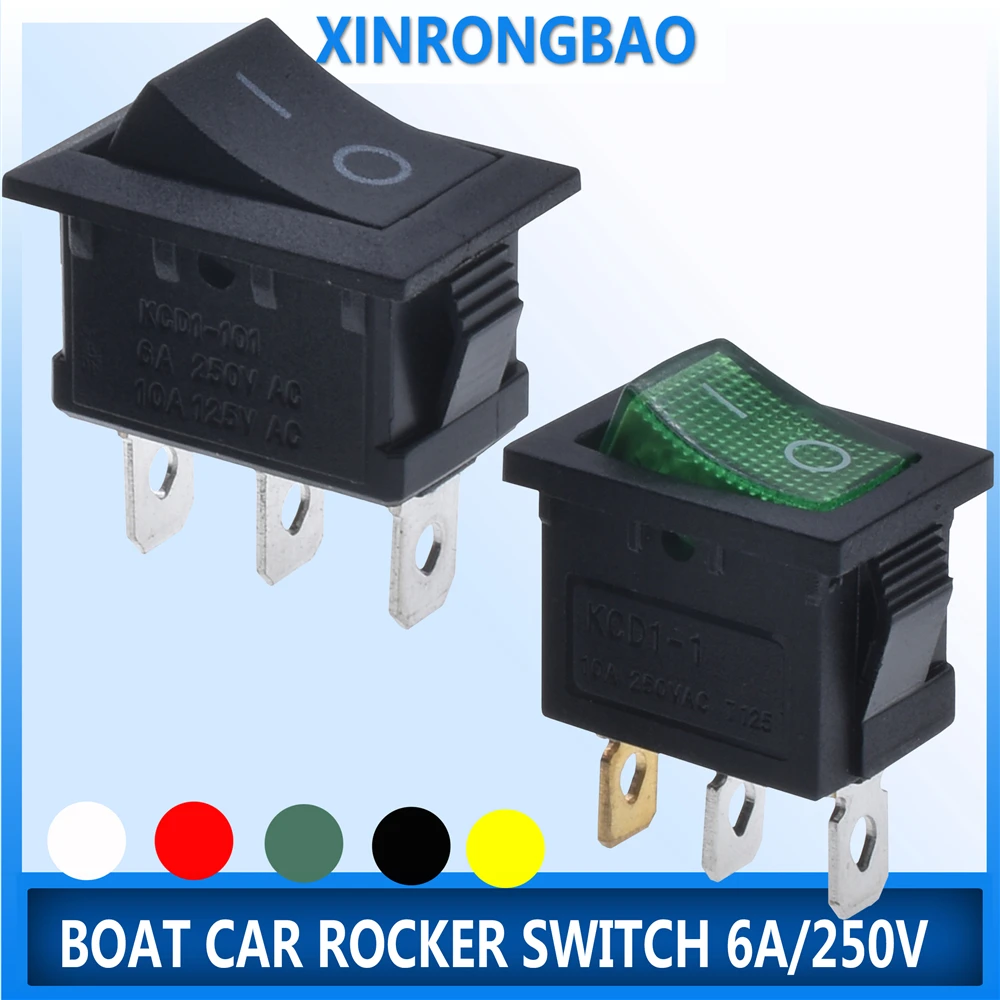 5 PCS/10 PCS LOT KCD1 3 Pin 21*15mm ON-OFF Boat Car Rocker Switch 6A/250V AC 10A/125V AC With Red Blue Green Yellow Light Switch