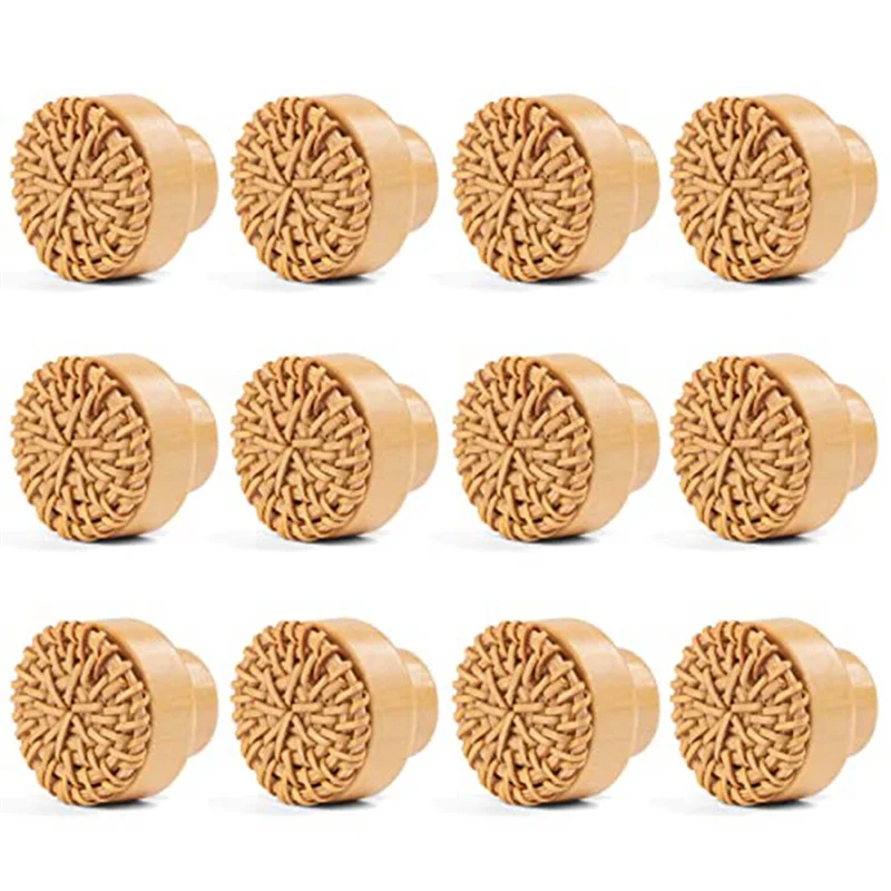 12 Pieces 35mm Boho Dresser Knobs Rattan Knobs Wood Drawer Knobs Round Wooden Dresser Handles with Screws,Nature