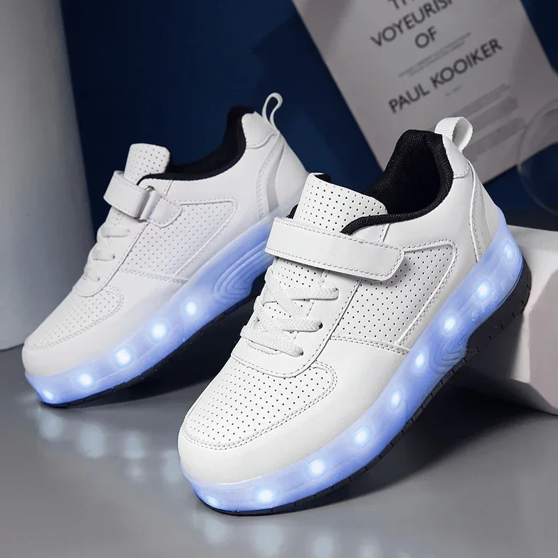 High Quality Skate Shoes for Kids Fashion LED Light Luminous Sneakers Children Two Wheels Shoes for Boys Girls with USB Charging