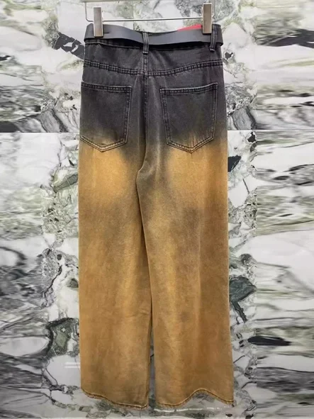 Streetwear Gradient Color Women Hole Jeans Vintage High Waist Loose Y2K Straight Denim Pant Retro Hip Hop Wide Leg Trousers New