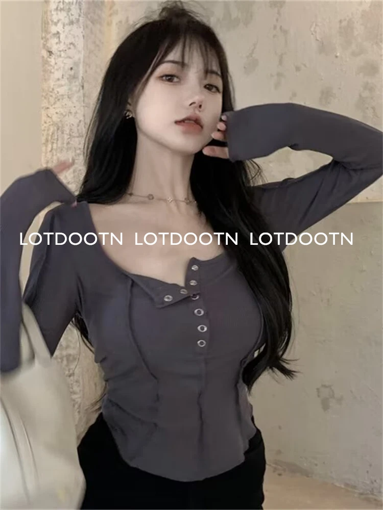 LOTDOOTN Grunge Clothes Button Up Lady Crop Top Sexy Women Button Up Women Summer Spring Slim Fit Long Sleeve Y2K Streetwear New