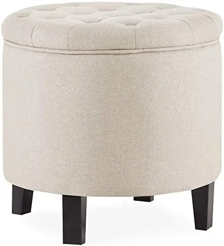 

Modern Button Tufted Accent Ottoman, Small Upholstered Circle Pouf Footstool with Lift Top, for Bedroom, Living Room or Vanity,