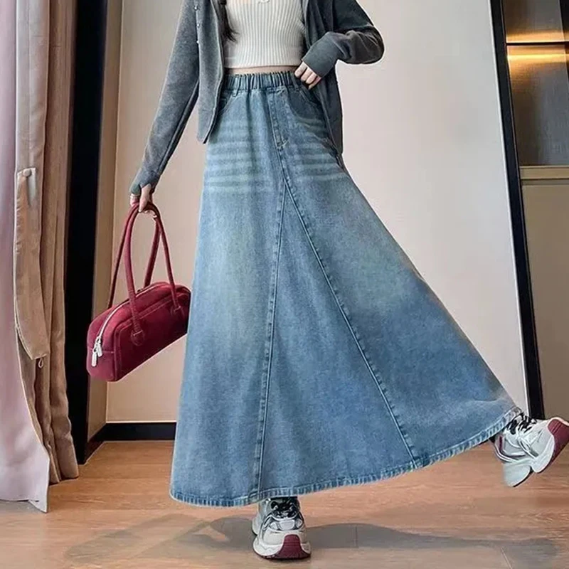 Women Skirt Korean Style High Waist Elastic Washed Denim Maxi Skirt A-Line Flared Long Jean Skirt Pockets Casual Y2K Streetwear view 3