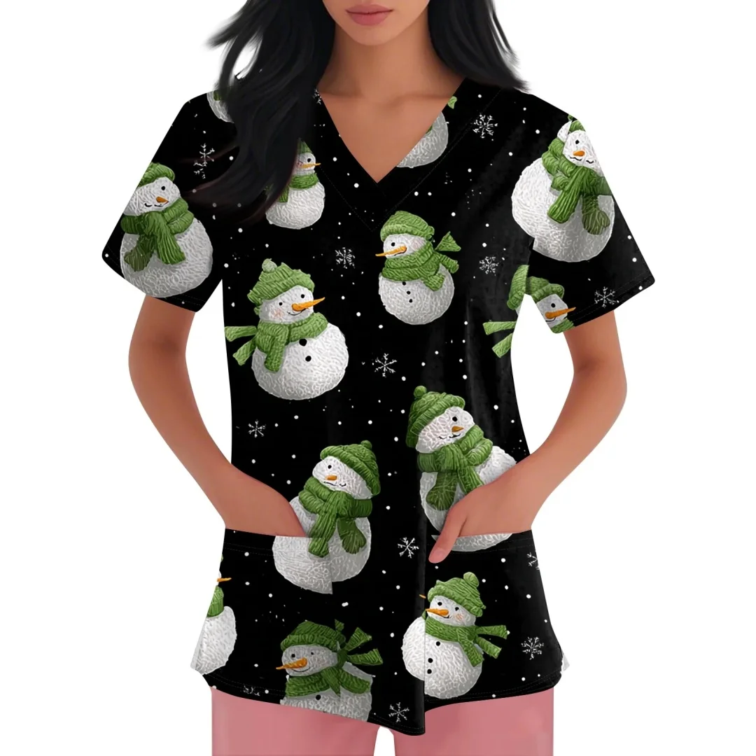 الزي السريري للنساء قصب الحلوى سانتا كلوز طباعة عيد الميلاد الخامس الرقبة الدعك المرأة موضة قصيرة الأكمام الزي الجراحي للنساء