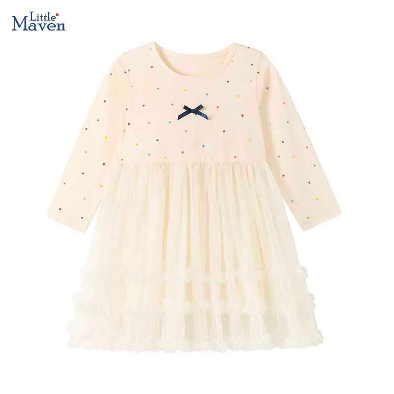 Little Maven Kinderkleidung Frühling Herbst Neue Mädchen Party Mesh-Kleid Kinderkleidung Baby Mädchen Langarm-Kleid mit Schleife