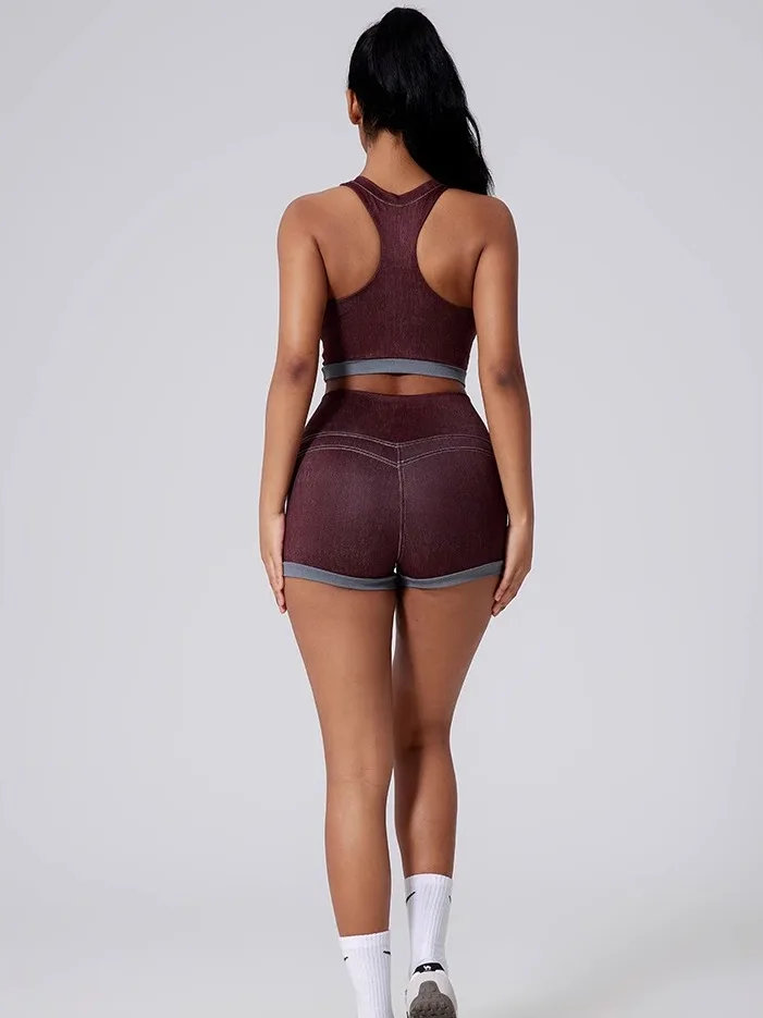 Women's Spor Denim Sle Vest Set Running Yoga Fitn Outwear Underwear New Cross-Border Simulation Cotton Polyester Spandex