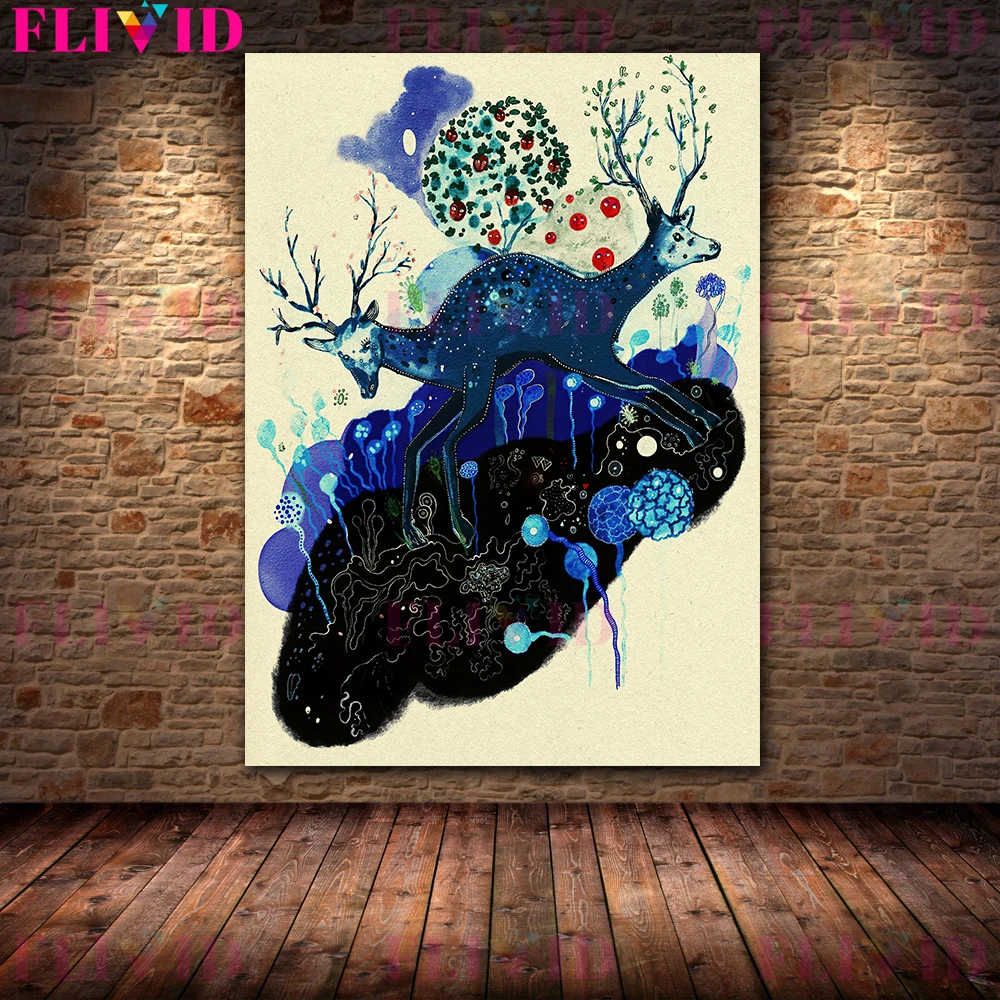 The Fox Soul In The Magic Pot &Two Headed Deer Abstract Folk Art Poster Print Decor Mysterious Creature Vintage Wall Art Print