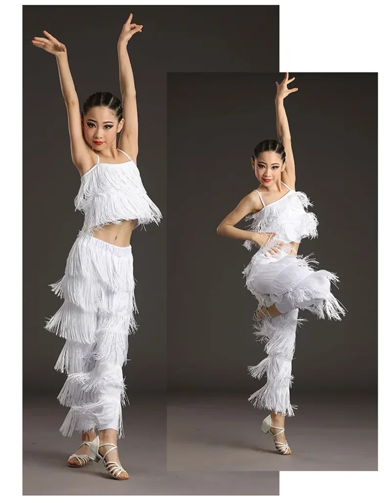 Meisje Latin Dans Jurk Voor Meisjes Kinderen Ballroom Kwastje Fringe Jurk Tops Broek Salsa Samba Kostuum Kinderen Dans Broekpak Blauw
