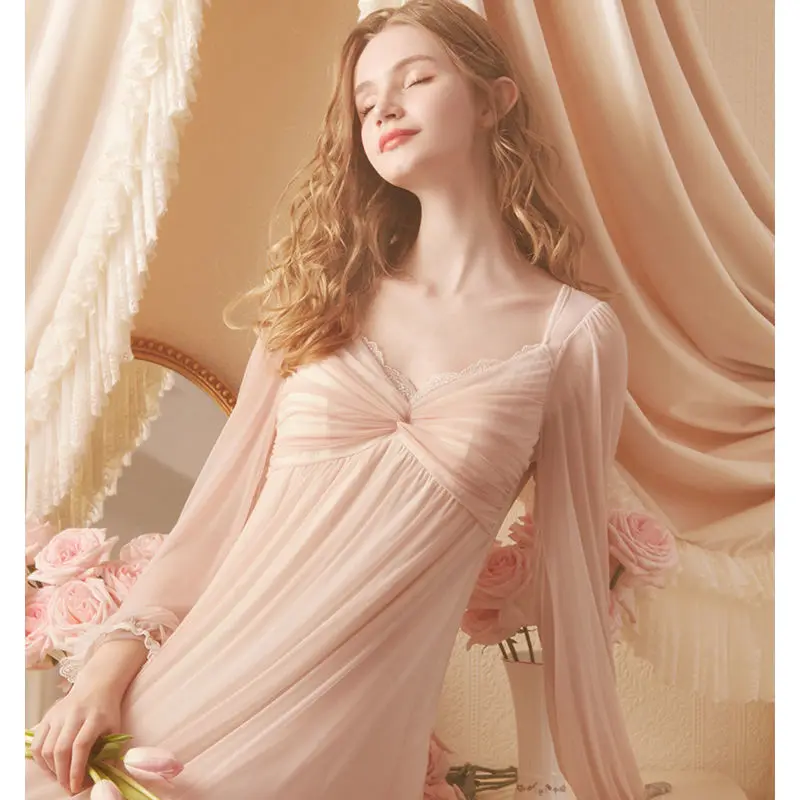 Casual Home Clothing French Elegant Style Nightgown Long Sleeve Nightdress for Women V Neck Sleepwear Intimate Lingerie