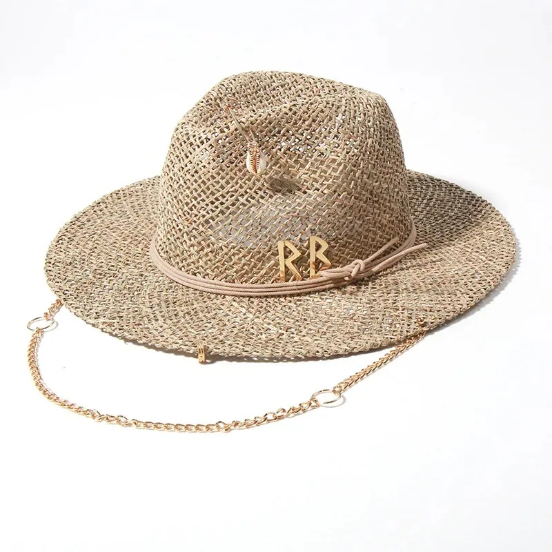 2026Hot Sales New European and American Style Pin Design Straw Hat Female Hollow Letter Sun Hat Fashion Metal Chain Sunshade Hat