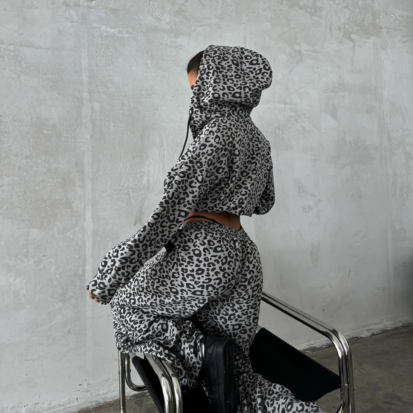 Zipper Hoodie Set High End Short Jacket Straight Tube Loose Casual Pants Leopard Print Two Piece Set