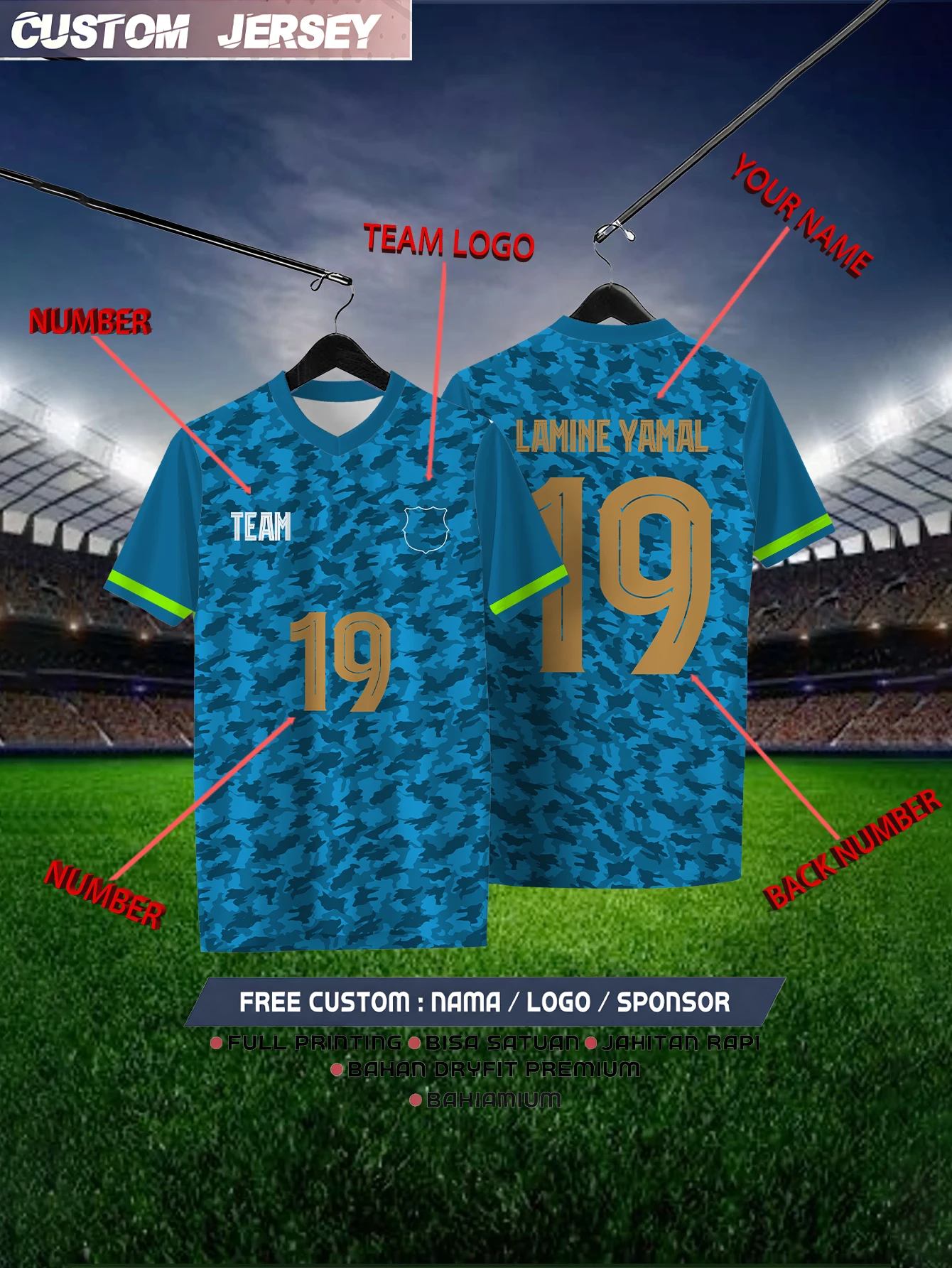 

Customized Geometric Blue Short Sleeved Shirt with Team Name, Emblem, Name and Number, Outdoor Sports Short Sleeved T-shirt
