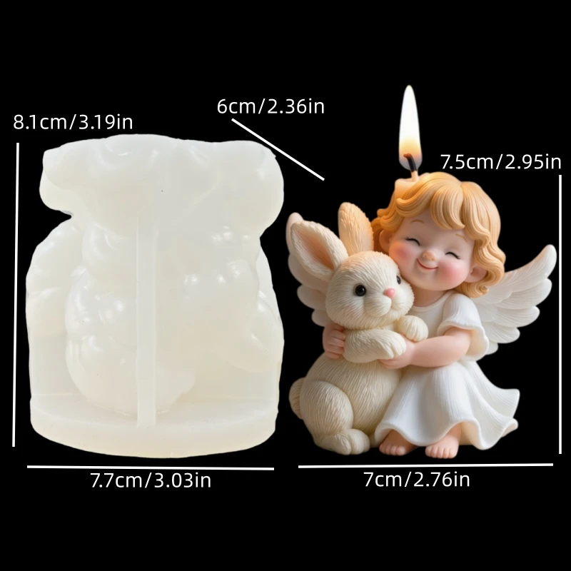 Molde de Silicona para Vela con Diseño de Ángel con Alas Abrazando a un Conejo, Molde de Resina con Diseño de Ángel Sonriente Abrazando a un Conejo, Molde de Yeso con Diseño de Ángel Niño Abrazando a un Conejo