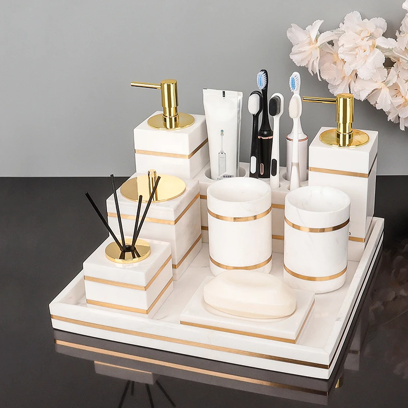 

Volakos White Natural Marble Bathroom Accessories Golden Luxury Soap Dish Soap Dispenser Toothbrush Holder Tray Bathroom Set