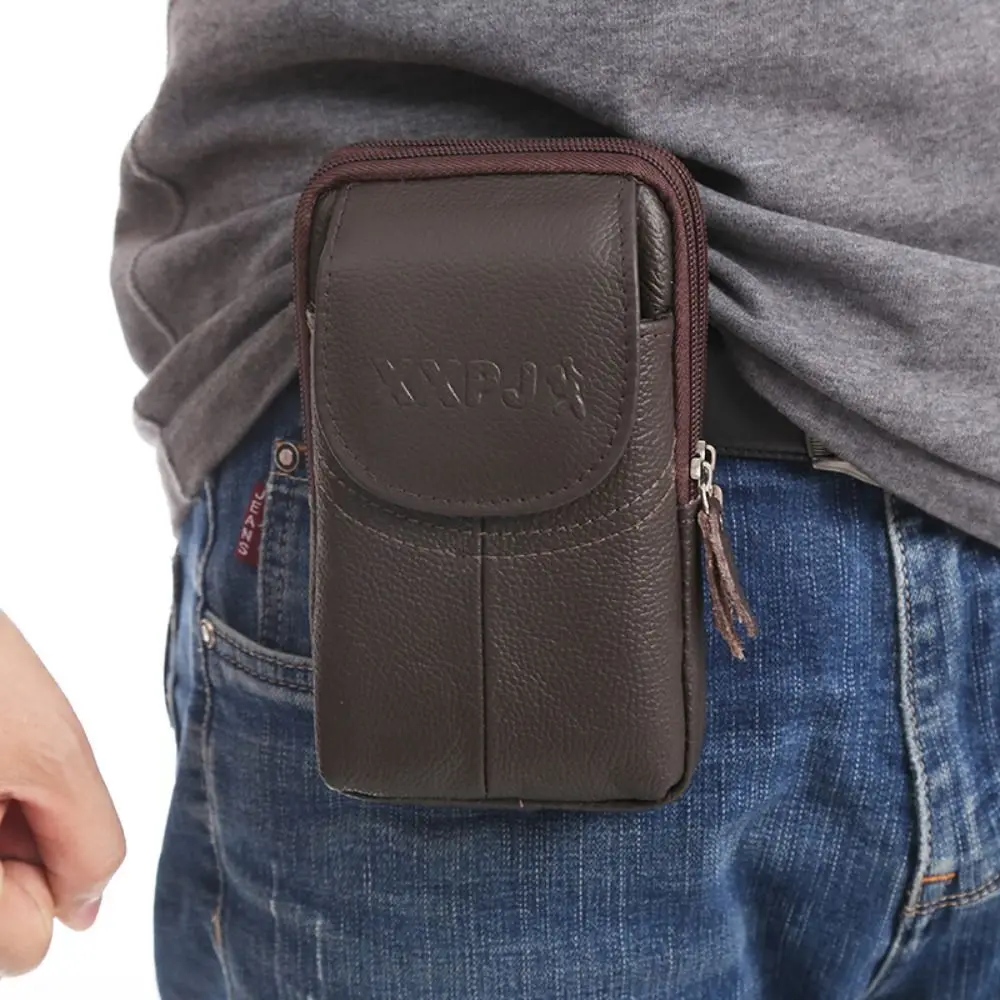 جلد البقر الرياضة في الهواء الطلق الخصر حقيبة عمودي بلون الهاتف المحمول الحقيبة مقاوم للماء متعدد الطبقات حزام الهاتف شنقا الحقيبة