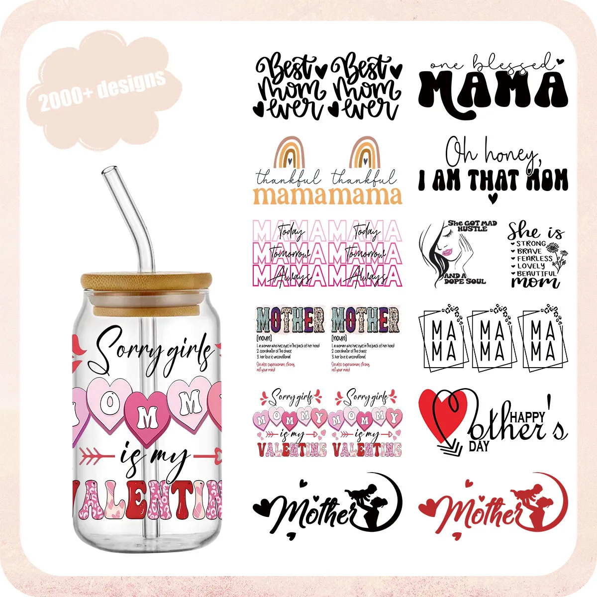 

Love MAMA 16OZ UV DTF Cup Wrap Transfer Sticker Valentine's Day Custom Label DIY Waterproof Logo For Libbey Glass Can