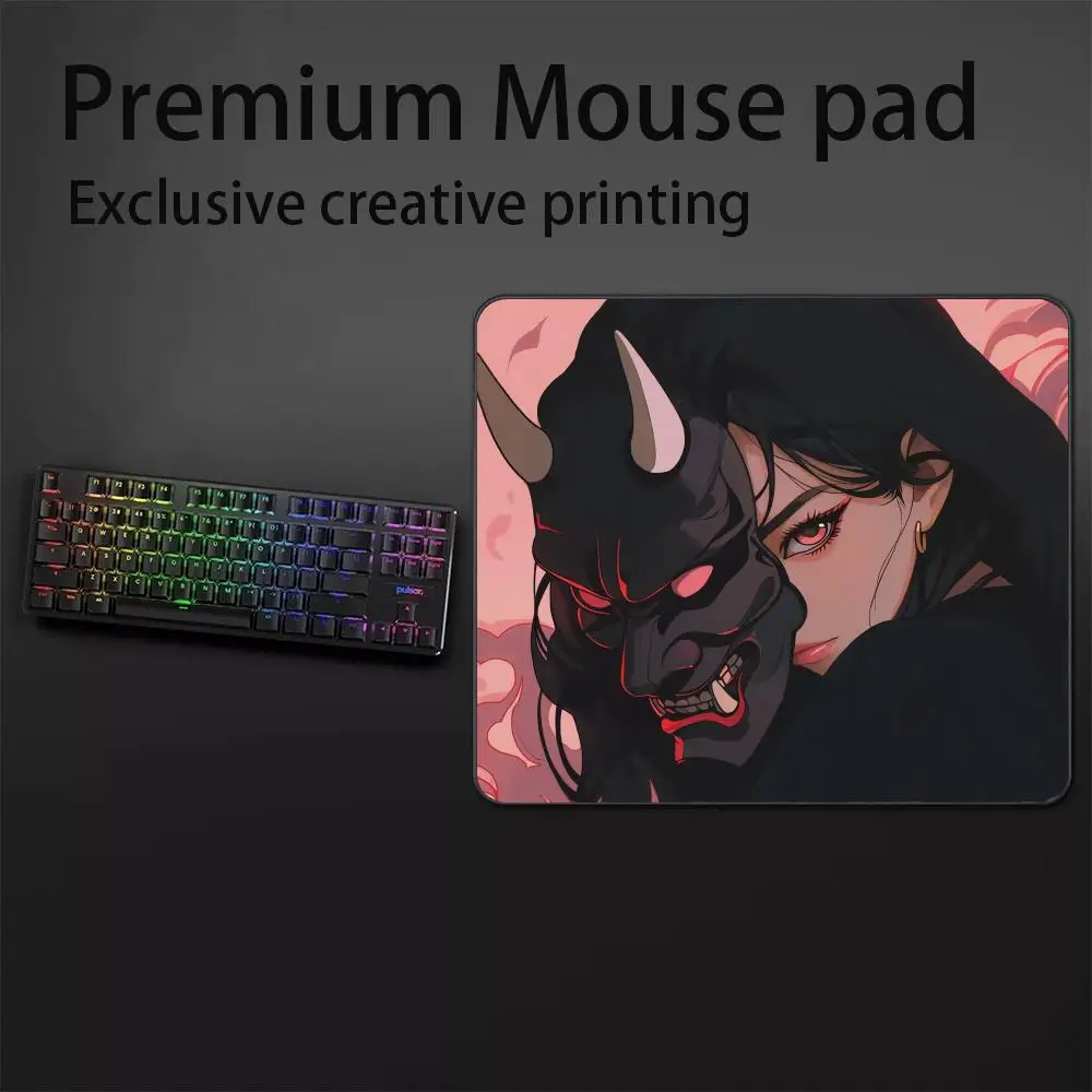 Anime Oni Mask Girl Gaming Mouse Pad 45x40 Speed Mouse Mat High Elastic Non-slip Bottom E-Sports Mousepad Gamer Premium Desk Mat