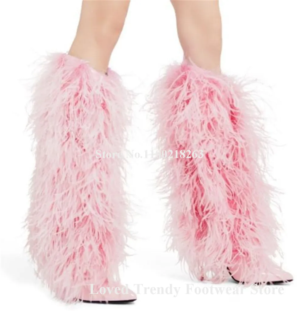 Newest Pink Yellow Fringes Fur Thin Heel Knee High Boots Pointed Toe Feather Stiletto Heel Long Boots Winter Heels