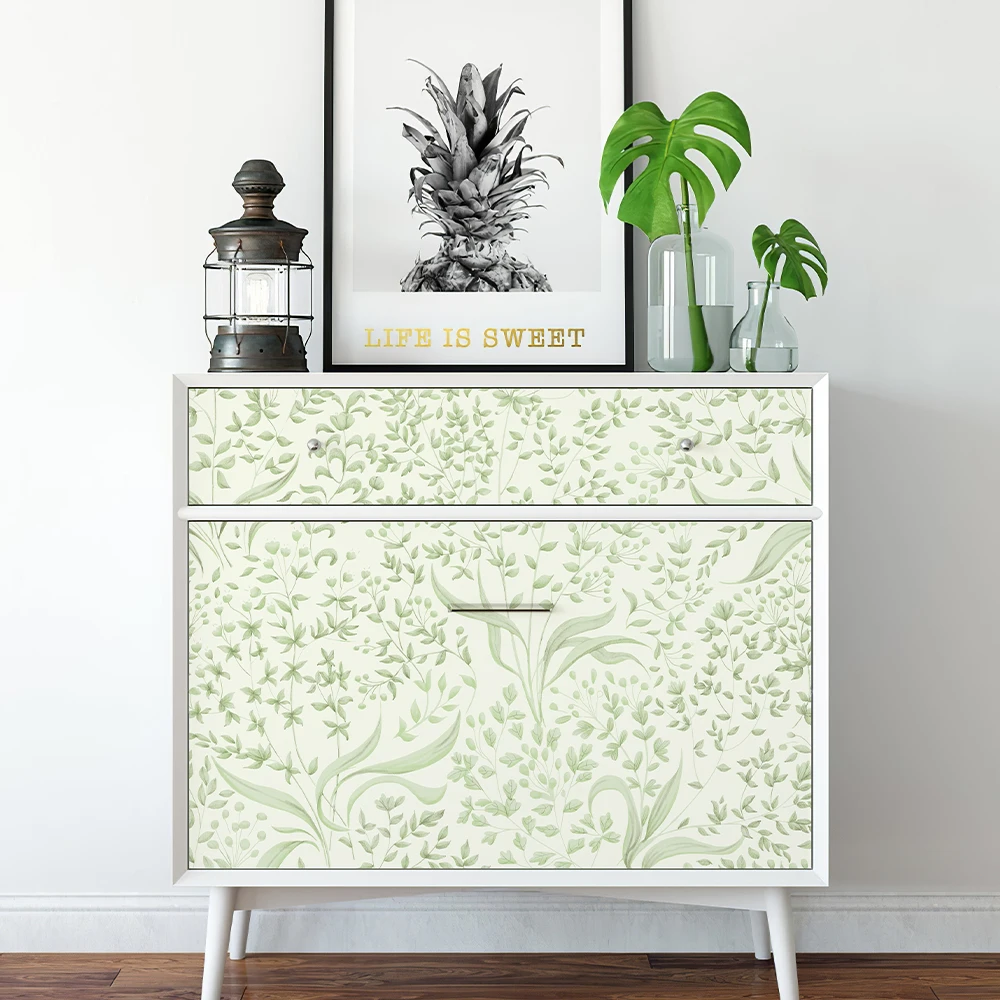 Morden Light Green Floral and Leaves Self Adhesive Vinyl Wallpaper Chic Waterproof Furniture Cabinet Sticker for Living Room