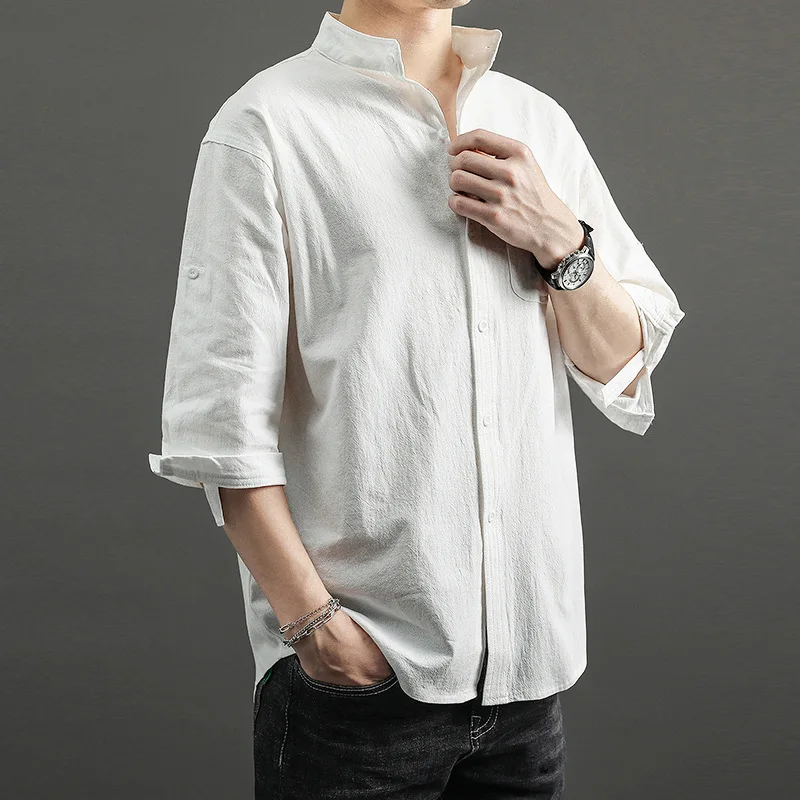 Summer Men's Cotton And Linen Medium-sleeved Shirt Japanese Seven-quarter-sleeved Men's Shirt Thin Loose Stand-up Collar Top
