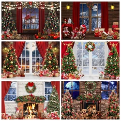 Christmas Backdrop Window Wooden Floor Xmas Tree Santa Gifts Home Wall Decor Baby Portrait Photography Background Photo Studio