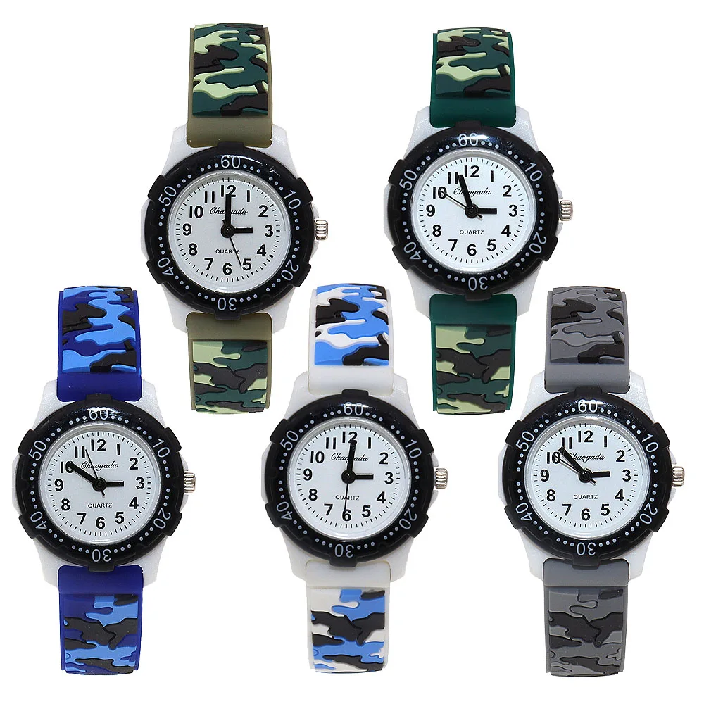 5Pcs Kids Camouflage Silicone Strap Quartz Watches Set Fashionable Waterproof Wristwatches