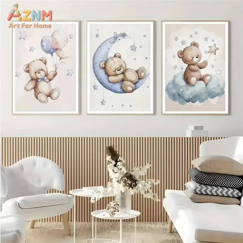 Bohemian Nursery Wall Art 3PCS Unframed Teddy Bear Star Cloud Canvas Poster, Cute Animal Prints for Bedroom Home Decoration
